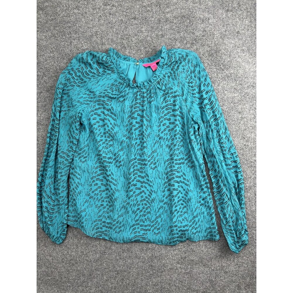 Lilly Pulitzer Silk Blouse Womens M Blue‎ Metallic Ruffle Neck Long Sleeve Lined